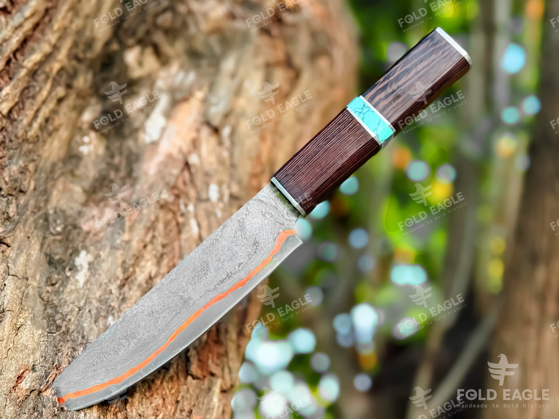 Handmade Copper Damascus Steel Chef Knife 12 Inch – Razor Sharp Kitchen Knife with Wangi Wood Handle & Turquoise Accent – Professional Cooking, BBQ & Meat Cutting Knife for Chefs